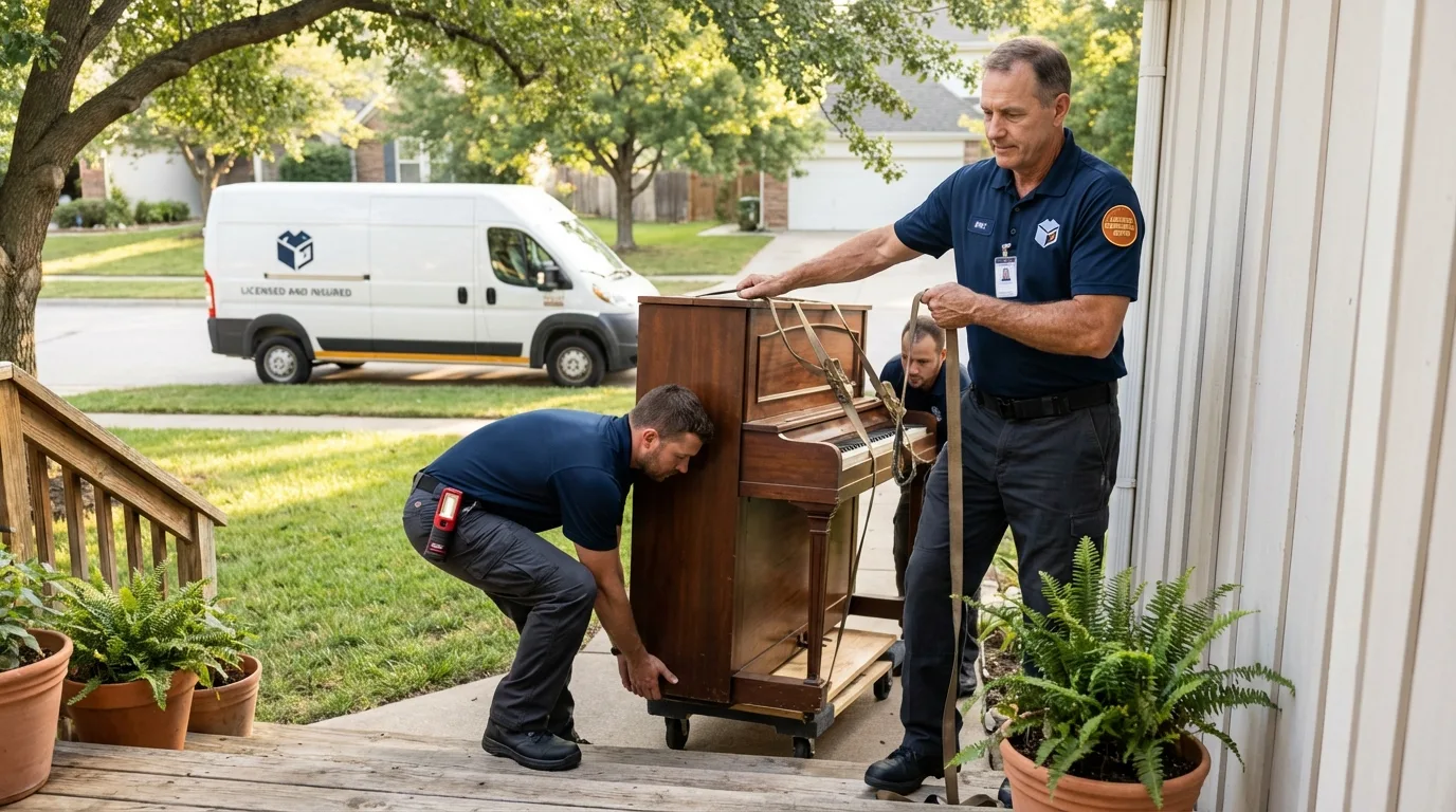 Licensed piano movers securing grand piano in Monticello, KY