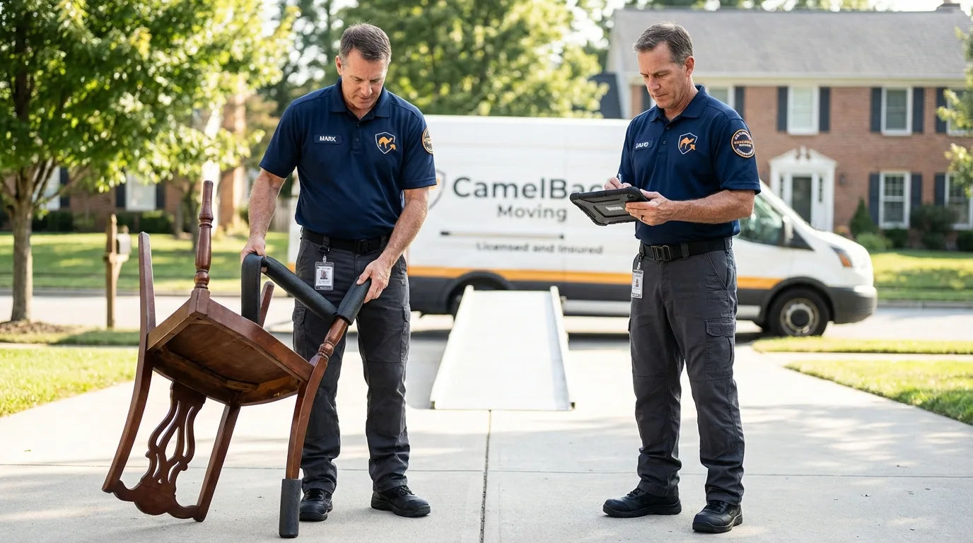 Movers inspecting furniture for damage prevention before loading in Monticello, KY