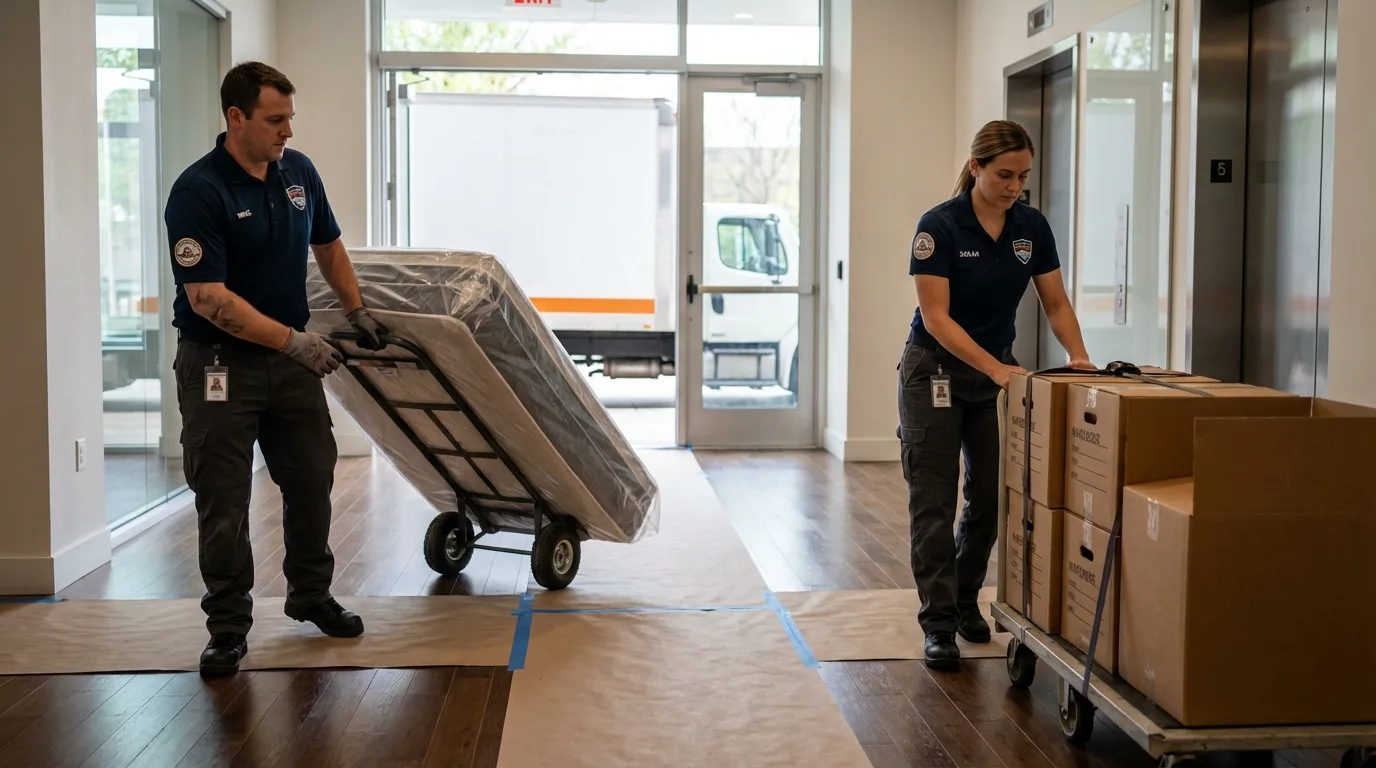 Professional apartment movers loading elevator in Monticello, KY
