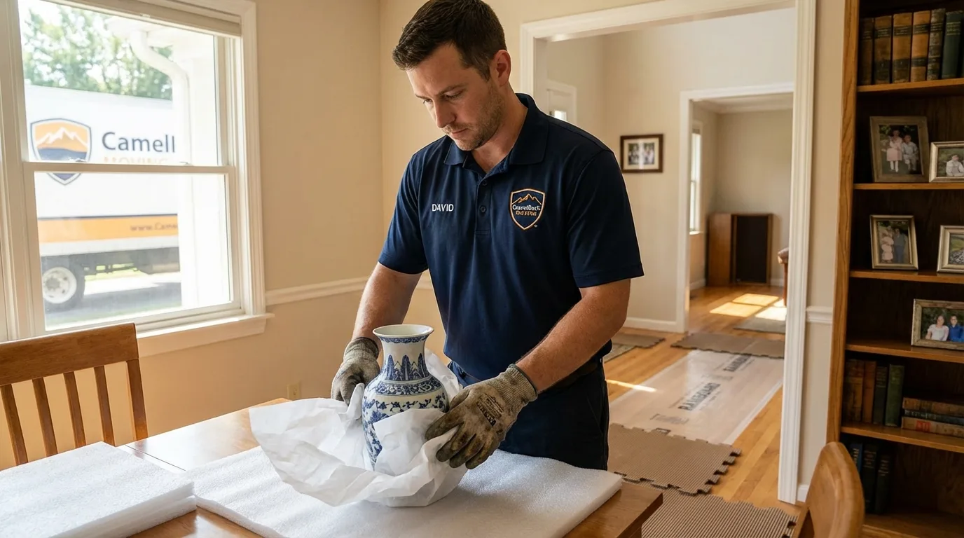 Professional crew carefully wrapping antique vase for senior downsizing move in Monticello, KY