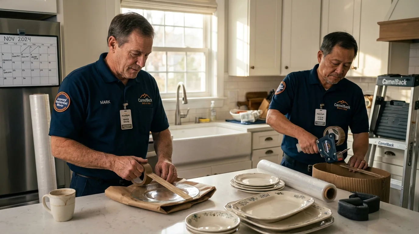 Professional crew packing kitchen dishware in Monticello, KY